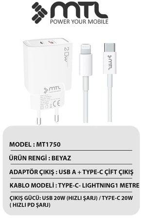 20W Ultra Hızlı Çift Çıkış Type-C + USB Adaptör + Type-C to iPhone Lightning Kablo Şarj Seti MT1750