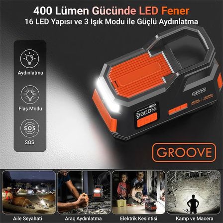 GROOVE Akü Takviye Cihazı ve Hava Kompresörü 29200mAh 4500A Akü (Kompresör+Powerbank+Led Lamba)