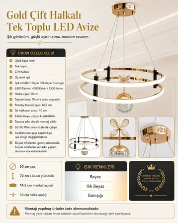 METİN Büyük Vesta Yuvarlak Led Avize GOLD (ALTIN) Kasa Tek Toplu Üç Renk 6500k/4000k/3000k (Beyaz /Ilık Beyaz/Sarı (Günışığı))