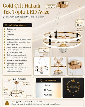 METİN Büyük Vesta Yuvarlak Led Avize GOLD (ALTIN) Kasa Tek Toplu Üç Renk 6500k/4000k/3000k (Beyaz /Ilık Beyaz/Sarı (Günışığı))