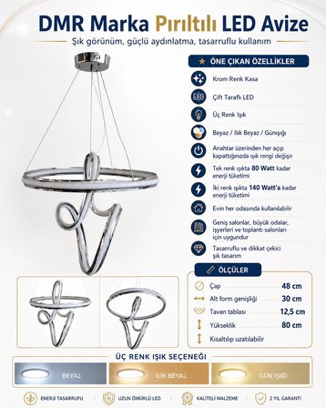 DMR 1 Toplu Pırıltı Bademli Sarkıt Led Avize KROM Geniş Şerit Kasa Üç Renk 6500k/4000k/3000k (Beyaz /Ilık Beyaz/Sarı (Günışığı))