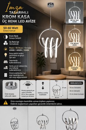 DMR Sarmal Büyük İmza Sarkıt Led Avize KROM Kasa 50w 220 Volt Üç Renk 6500k/4000k/3000k (Beyaz /Ilık Beyaz/Sarı (Günışığı)