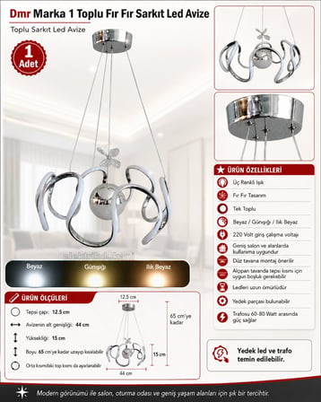 DMR 1 Toplu FIRFIR Sarkıt Led Avize KROM Kasa Üç Renk 6500k/4000k/3000k (Beyaz /Sarı/Ilık Beyaz (Günışığı))