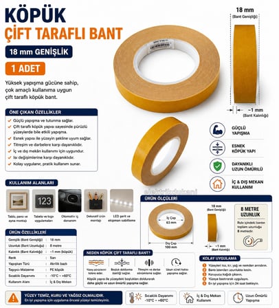 ENDER Köpük Çift Taraflı Bant 18mm 8mt (Genişlik 1.8cm / Uzunluk 800cm 8 Metre)
