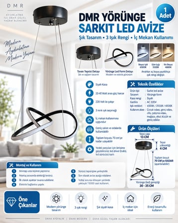 DMR Yörünge Sarkıt Led Avize SİYAH Kasa 35w 220 Volt Üç Renk 6500k/4000k/3000k (Beyaz /Ilık Beyaz/Sarı (Günışığı)