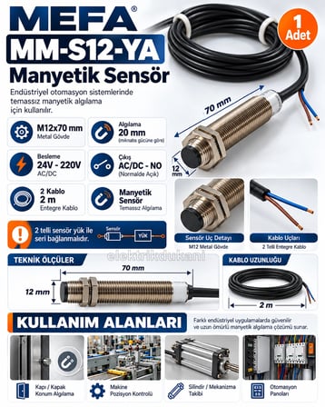 MEFA Manyetik Sensör M12 / 20mm 24v..220v Ac/Dc NO 2 Kablolu 500mA (Çap:12mm Uzunluk:50mm Algılama:20mm)