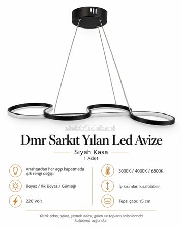 DMR Sarkıt YILAN Led Avize SİYAH Kasa 45w Üç Renk 6500k/4000k/3000k (Beyaz /Sarı/Ilık Beyaz (Günışığı))