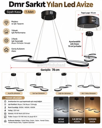 DMR Sarkıt YILAN Led Avize SİYAH Kasa 45w Üç Renk 6500k/4000k/3000k (Beyaz /Sarı/Ilık Beyaz (Günışığı))