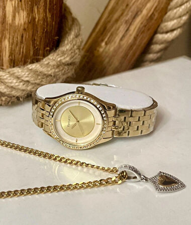 Ferrucci Gold Çelik Sade Şık Kadın Kol Saati+%100 Çelik Kolye Hediye