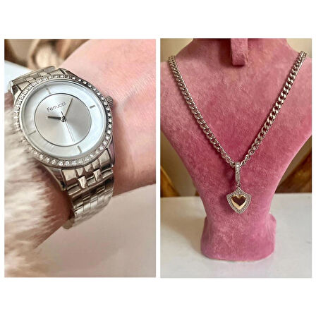 Ferrucci Silver Çelik Şık Kadın Kol Saati+%100 Çelik Kolye Hediye