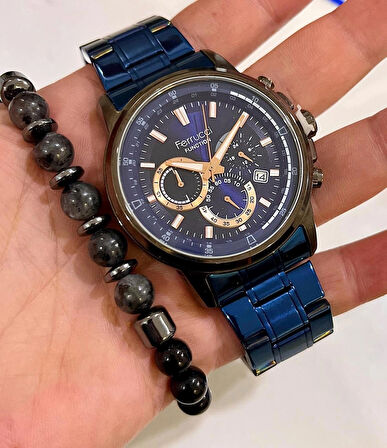 Ferrucci Fonksiyonları Aktif&Takvimli Lacivert Çelik Erkek Kol Saati+Bileklik Hediye