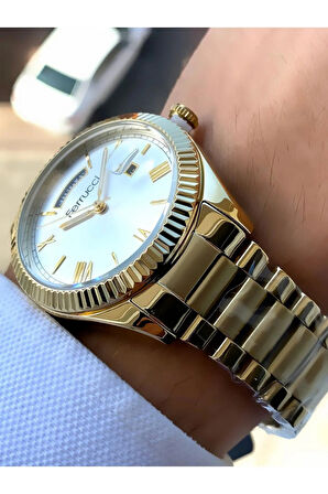 Ferrucci Gün&Tarih Göstergeli Çelik Erkek Kol Saati Altın Renk