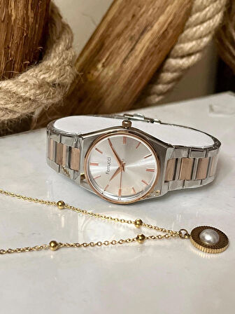 Ferrucci Silver&Rose Çelik Klasik Model Kadın Kol Saati+%100 Çelik İncili Kolye