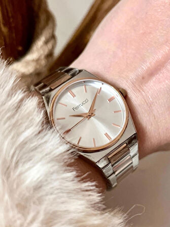 Ferrucci Silver&Rose Çelik Klasik Model Kadın Kol Saati+%100 Çelik İncili Kolye