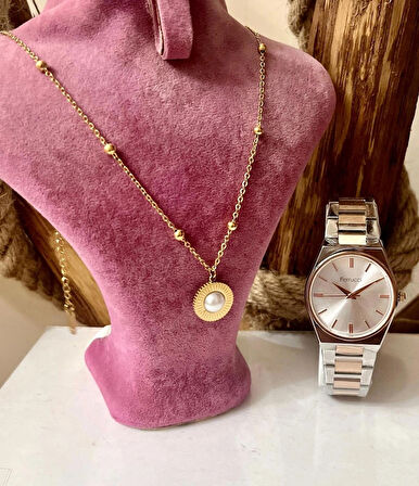 Ferrucci Silver&Rose Çelik Klasik Model Kadın Kol Saati+%100 Çelik İncili Kolye