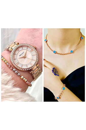 Ferrucci RoseGold Çelik Zirkon Taşlı Şık Kadın Kol Saat+Nazarlıklı Set Hediyeli