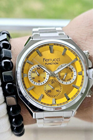 Ferrucci Sarı Kadran Silver Fonksiyonları Aktif Erkek Kol Saati+Bileklik