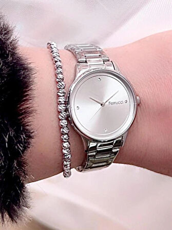 Ferrucci Silver Sade Şık Tasarım Çelik Kadın Kol Saat+Dorika Bileklik Hediye