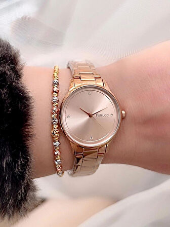 Ferrucci Rosegold Sade Tasarım Çelik Kadın Kol Saat+Bileklik Hediye
