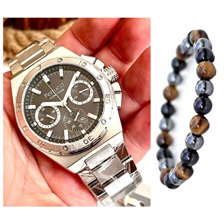 Ferrucci Spor Model Fonksiyonlu Çelik Erkek Kol Saati+Bileklik Hediye