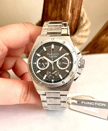 Ferrucci Spor Model Fonksiyonlu Çelik Erkek Kol Saati+Bileklik Hediye