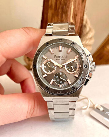 Ferrucci Spor Model Fonksiyonlu Çelik Erkek Kol Saati+Bileklik Hediye
