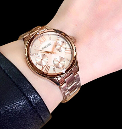 Ferrucci Rosegold Çelik Zirkon Taşlı Şık Model Kadın Kol Saat+Bileklik Hediye