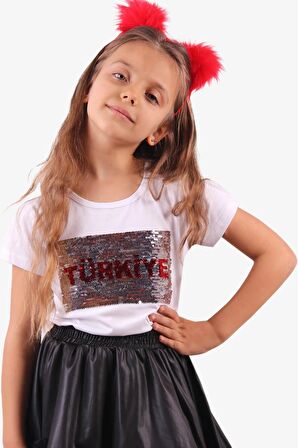 Breeze Kız Çocuk Tişört Pullu Ay Yıldızlı 6-14 Yaş, Beyaz