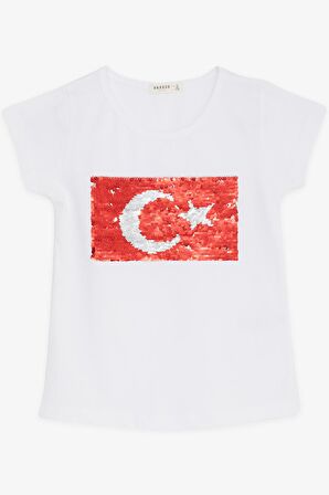 Breeze Kız Çocuk Tişört Pullu Ay Yıldızlı 6-14 Yaş, Beyaz