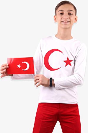 Breeze Türk Bayraklı Çocuk Uzun Kollu Tişört Kırmızı- 9-14 Yaş, Beyaz
