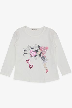 Breeze Kız Çocuk Uzun Kollu Tişört Pullu Kalp Baskılı 2-6 Yaş, Ekru