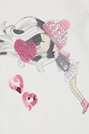 Breeze Kız Çocuk Uzun Kollu Tişört Pullu Kalp Baskılı 2-6 Yaş, Ekru