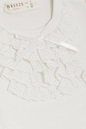 Breeze Kız Bebek Uzun Kollu Tişört Güpürlü Fiyonklu 6 Ay-2 Yaş, Ekru