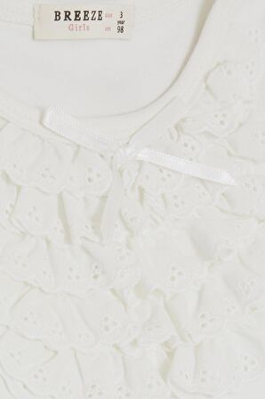 Breeze Kız Bebek Uzun Kollu Tişört Güpürlü Fiyonklu 6 Ay-8 Yaş, Ekru