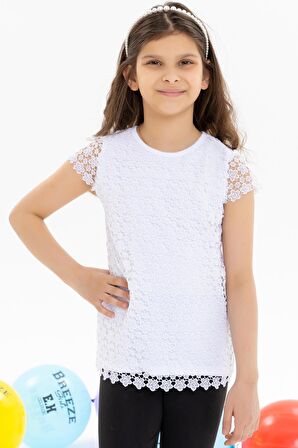 Breeze Kız Çocuk Tişört Çiçek Nakışlı 8-14 Yaş, Ekru