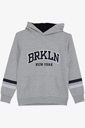 Breeze Erkek Çocuk Sweatshirt Kapüşonlu Nakışlı 9-15 Yaş, Gri Melanj