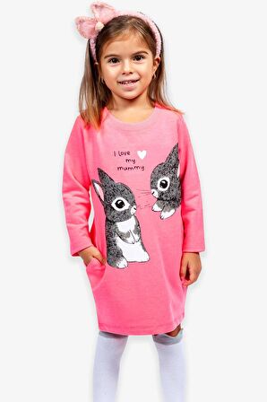 Breeze Kız Çocuk Tunik Tavşan Desenli 1.5-5 Yaş, Neon Pembe
