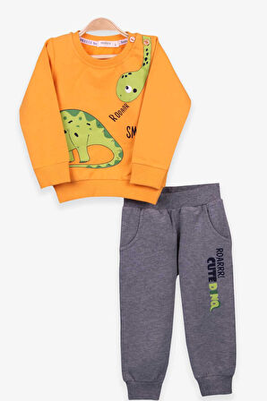 Breeze Erkek Bebek Eşofman Takımı Dinozor Baskılı 9 Ay-3 Yaş, Hardal Sarı