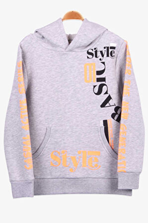 Breeze Erkek Çocuk Sweatshirt Baskılı Kapüşonlu 9-14 Yaş, Gri Melanj