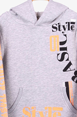 Breeze Erkek Çocuk Sweatshirt Baskılı Kapüşonlu 9-14 Yaş, Gri Melanj