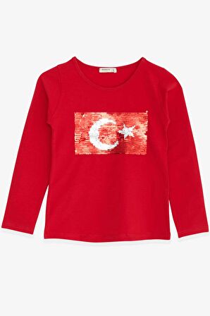 Breeze Kız Çocuk Uzun Kollu Tişört Pullu Ay Yıldız 4-14 Yaş, Kırmızı