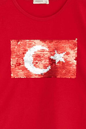 Breeze Kız Çocuk Uzun Kollu Tişört Pullu Ay Yıldız 4-14 Yaş, Kırmızı