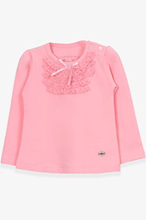 Breeze Kız Bebek Uzun Kollu Tişört Güpürlü Fiyonklu 6 Ay-2 Yaş, Pudra