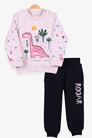 Breeze Erkek Bebek Eşofman Takımı Dinozor Desenli 6 Ay-2 Yaş, Bej Melanj