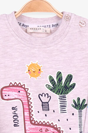 Breeze Erkek Bebek Eşofman Takımı Dinozor Desenli 6 Ay-2 Yaş, Bej Melanj