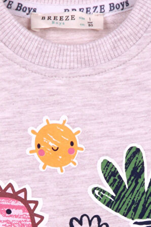 Breeze Erkek Bebek Eşofman Takımı Dinozor Desenli 6 Ay-2 Yaş, Bej Melanj