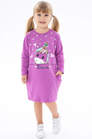 Breeze Kız Çocuk Tunik Baskılı Pullu Unicorn 1.5-5 Yaş, Mor
