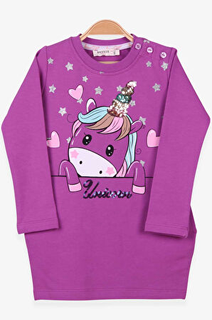 Breeze Kız Çocuk Tunik Baskılı Pullu Unicorn 1.5-5 Yaş, Mor
