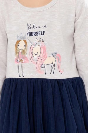 Breeze Kız Çocuk Uzun Kollu Elbise Unicorn 1.5-5 Yaş, Bej Melanj