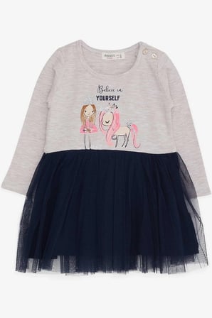 Breeze Kız Çocuk Uzun Kollu Elbise Unicorn 1.5-5 Yaş, Bej Melanj